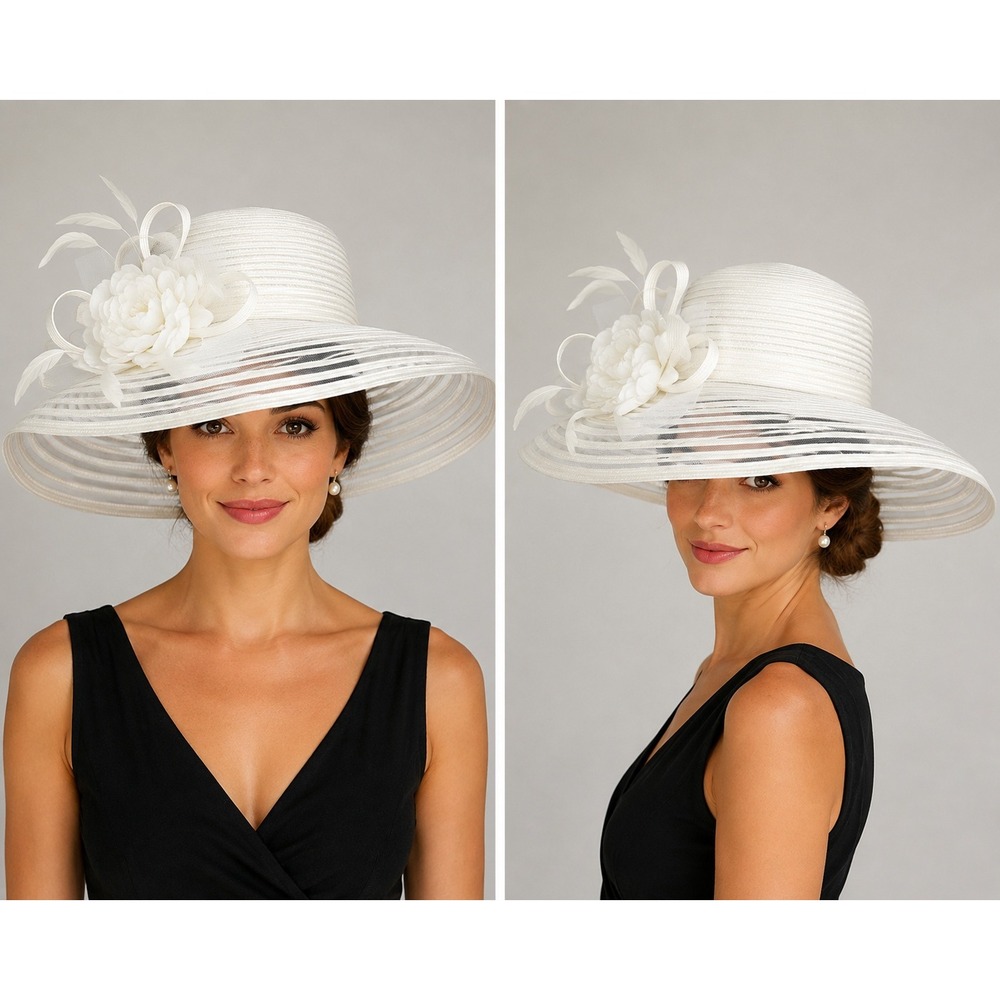 Betmar New York Lanna White Wide Brim Flower Sun Hat Kentucky Derby Wedding NEW